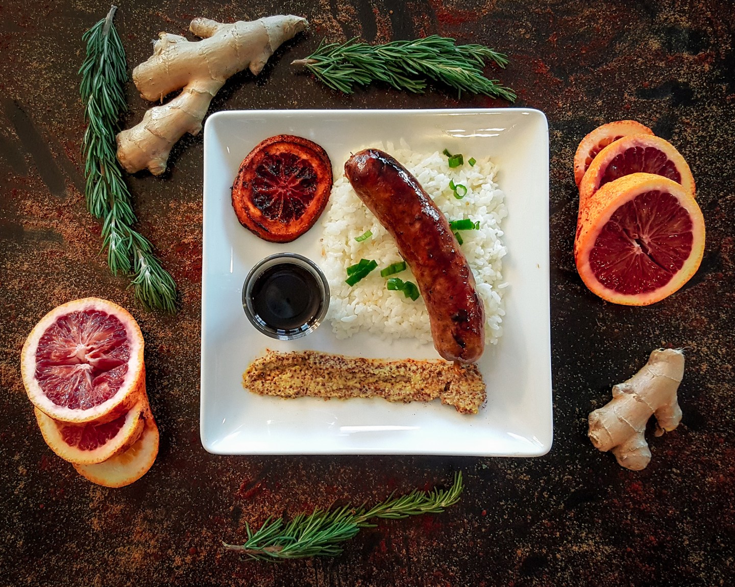 Honey Orange Mango Sausage with Rice and decorations